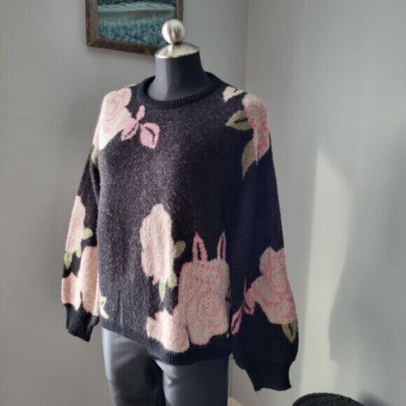Floral Puff Sleeve Oversized Cozy Sweater Point Zero Womens Sz Medium - Picture 3 of 12